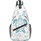 LOSTORCHI Sea Turtle Crossbody Sling Bag for Women Men Coastal Sea Animal Turtle and Shells in Line Art Style Travel Sling Backpack Casual Shoulder Bag Underwater World Print Sports Hiking Daypack