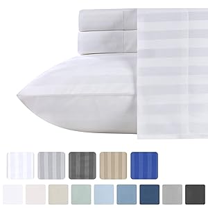 Premium Quality 500 Thread Count 100% Pure Cotton Sheets - 4 Piece White Color King Size Dobby Damask Stripe Long-Staple Cotton Sheet for Bed, Fits Mattress Upto 18'' Deep Pocket Sateen Weave Set