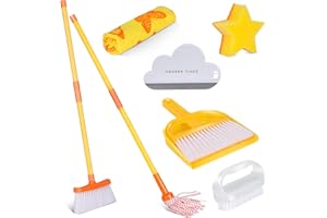 Masthome Kids Cleaning Set, 8 Piece Cleaning Toys Set, Includes Mop, Broom, Brush, Dustpan, Microfiber Cloth, Cleaning Sponge, Squeegee, Window Scraper, Pretend Play Toys for Girls Boys - Yellow