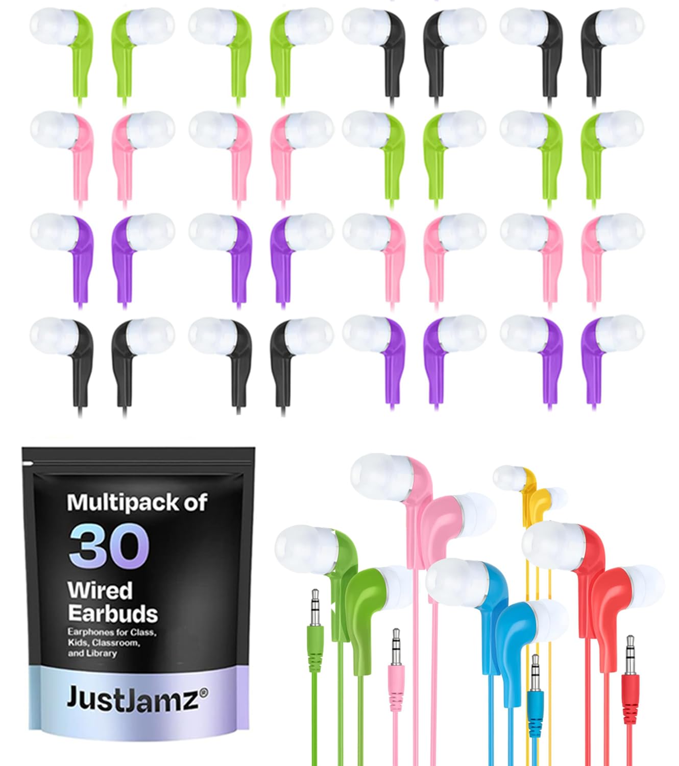 JustJamz Kidz Jelly Roll Colorful In-Ear 3.5mm Stereo Earbud Earphones - 30 Pack