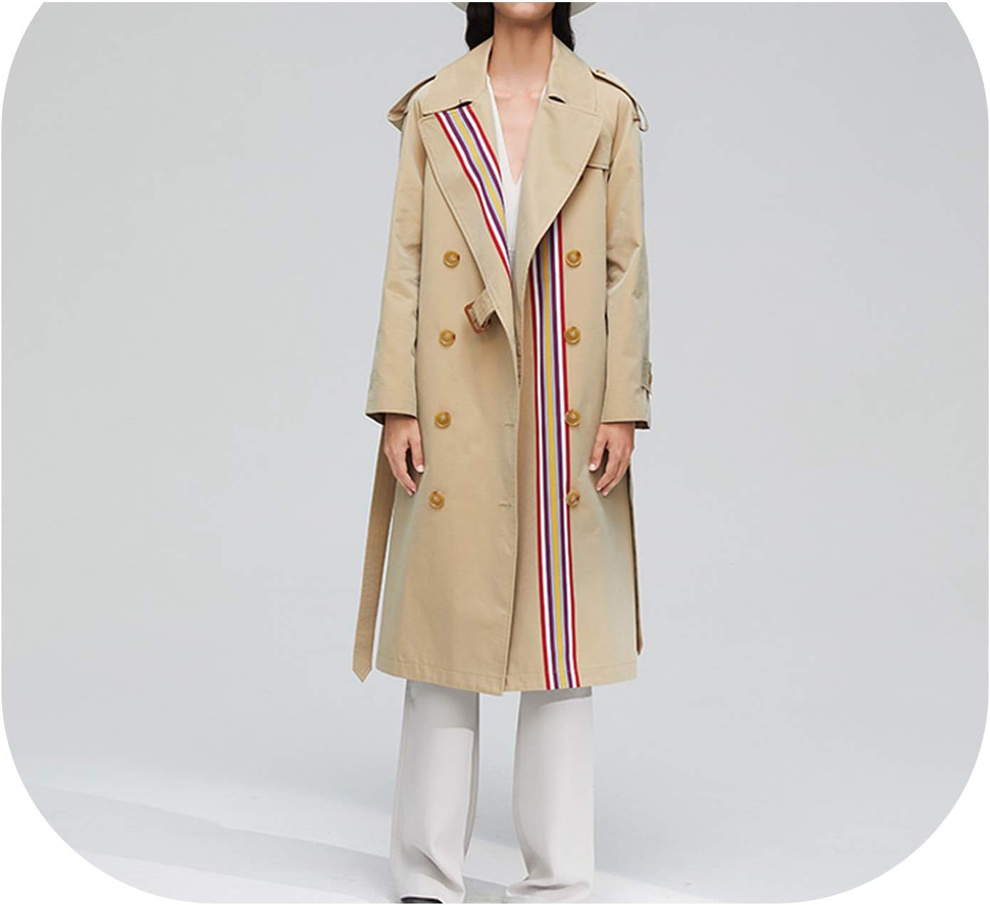 Green Plaid Autumn Khaki Trench Coat Women Casual Cotton with Belt Long Coat for Women
