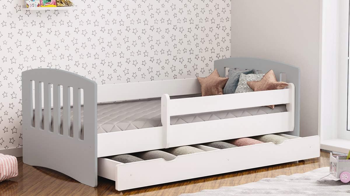 Wonderhome24 Toddler Bed Kids Bed Junior Children's Single Bed with Mattress and Underbed Drawer Included, Grey, 160 x 80 cm