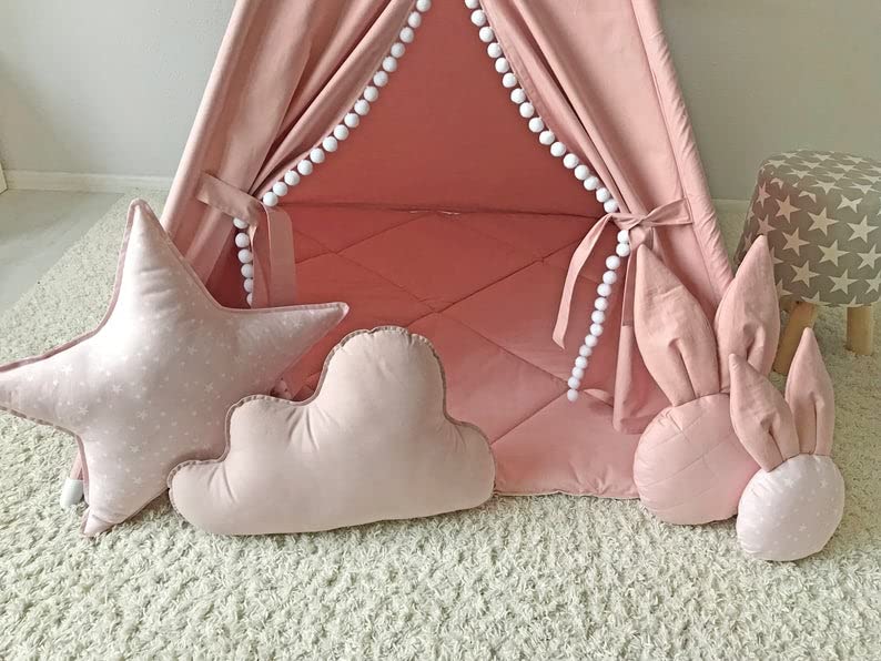 Kids Teepee Tent with White Pom Pom - Indoor Play Teepee for Children Boys Portable Play House (Pink)