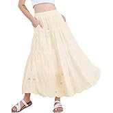 chouyatou Women's Lace Embroidery Eyelet Boho Skirt High Elastic Waisted Flowy Swing Midi Long Skirt