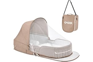 omzer Baby Travel Bassinet Portable - Foldable Carry Bag Bassinet Anti-Pressure Baby Co-Sleeping Bed Lightweight Travel Pod Infant Travel Bed with 2-1 Mosquito & Canopy Beige