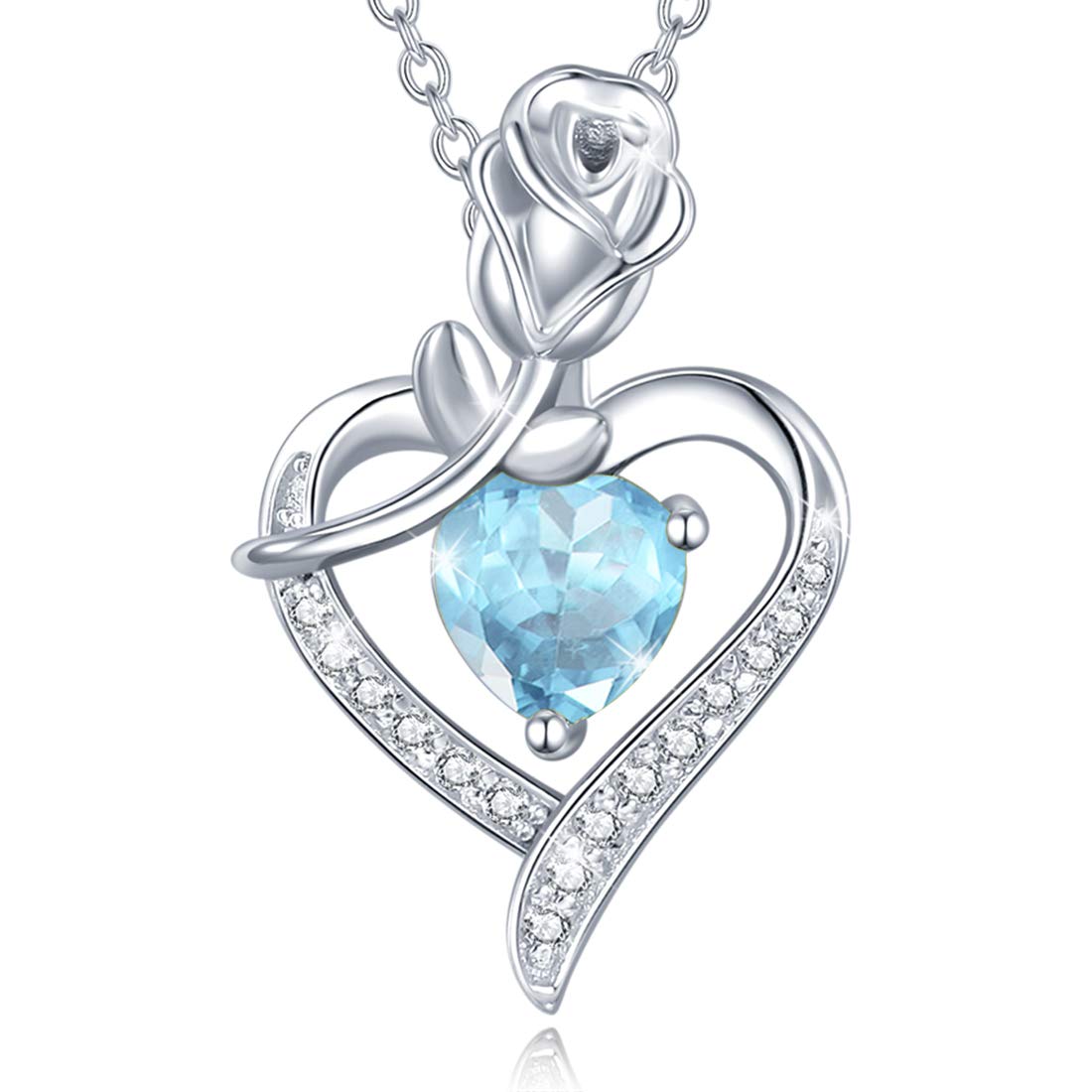 FANCIME 925 Sterling Silver March Birthstone Necklace Rose Heart Pendant Blue Aquamarine Necklace with Fine Jewellery Box Christmas Birthday Valentine's Day Mother's Day Present for Women Mother