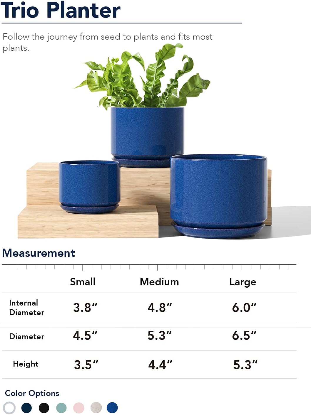 LE TAUCI Plant Pots 4.5" & 5.3" & 6.5" Flower Pot with Drainage Holes and Saucers, Ceramic Pots with Tray, Outdoor Garden Planters, with Mesh Pads, Set of 3, Sapphire Blue: Garden & Outdoor