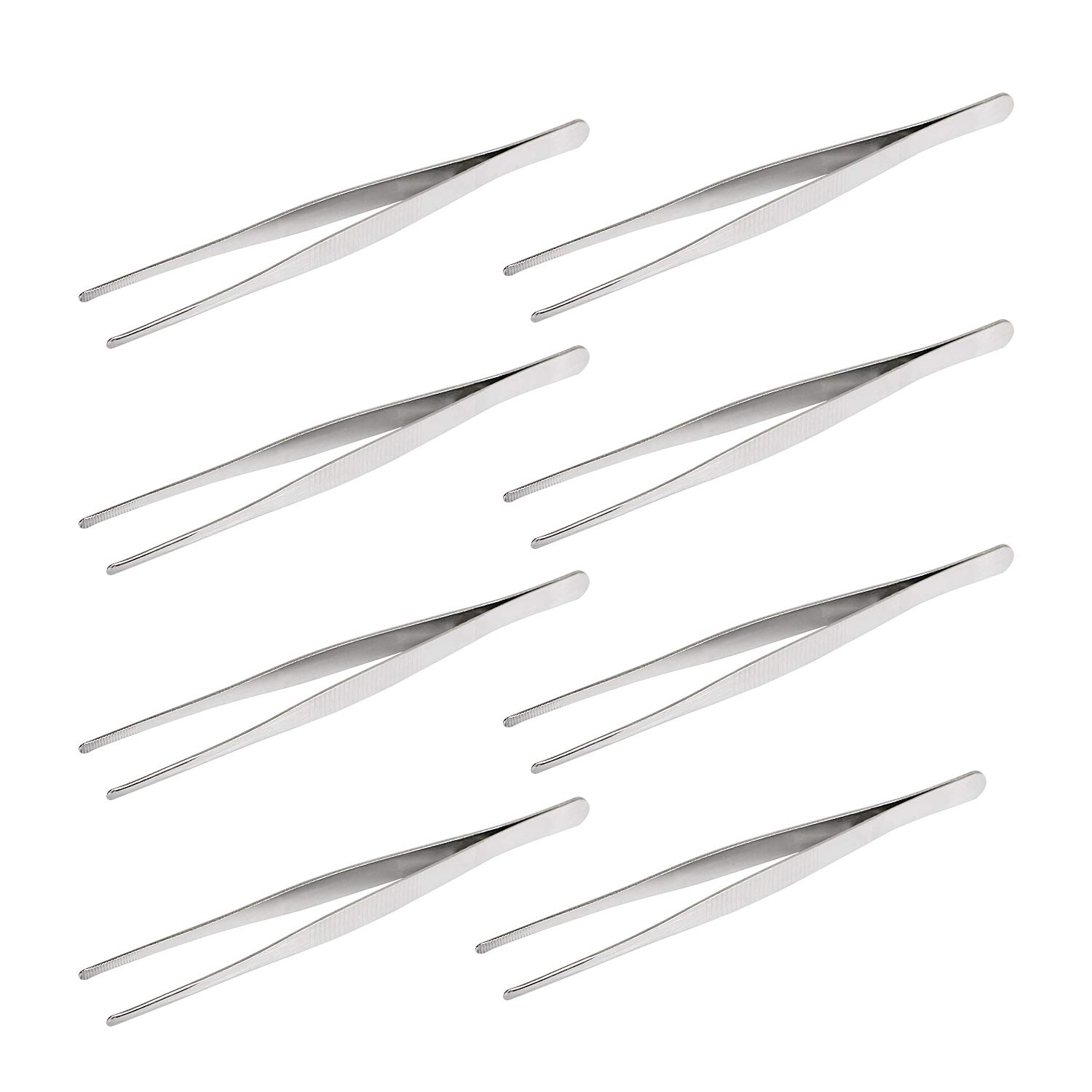 Aoje-Link Stainless Steel Straight Blunt Tweezers, Horizontal Serrated Tips, Used for Repairs, barbecues, Auxiliary Tools, Silver, 8pcs