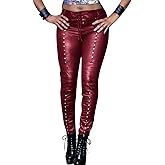 Women's Faux Leather Leggings Gothic Punk Skinny PU Leather Pants Mid Rise Novelty Studded Tight Pants
