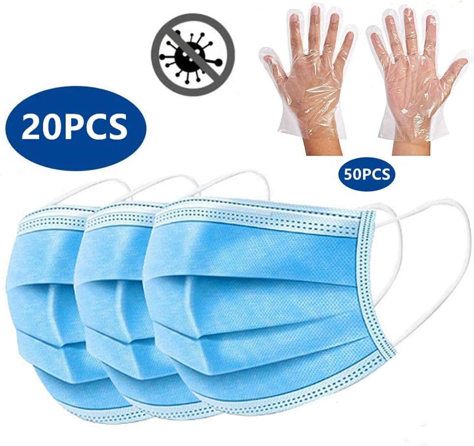 PRXD 20 pcs Disposable Surgical Surgery Surgical Breathable Nonwoven Elastic Earloop Mouth Vacuum Packaging is Clean and hygienic (Blue) + 50 pcs Gloves Disposable