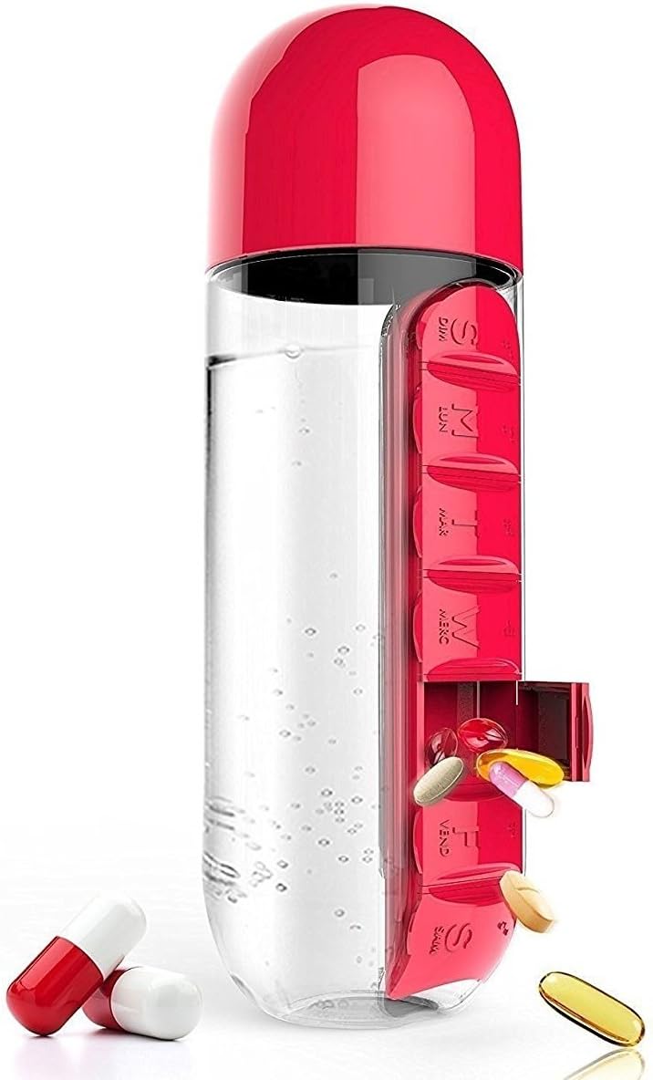 Pill and Vitamin Organizer Water Bottle Medicine Organizer Water Bottle with Removable 7 Days Pill COMPARTMENTS & 600 ML Water Bottle, Random Color by Prisha India Craft ®