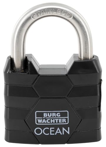 Burg-Waechter Padlock with 2 Keys, 9.5 mm Shackle Thickness, Marine Waterproof, Solid Brass Body, Double Locked, Ocean 490 Ni 60 SB, Black