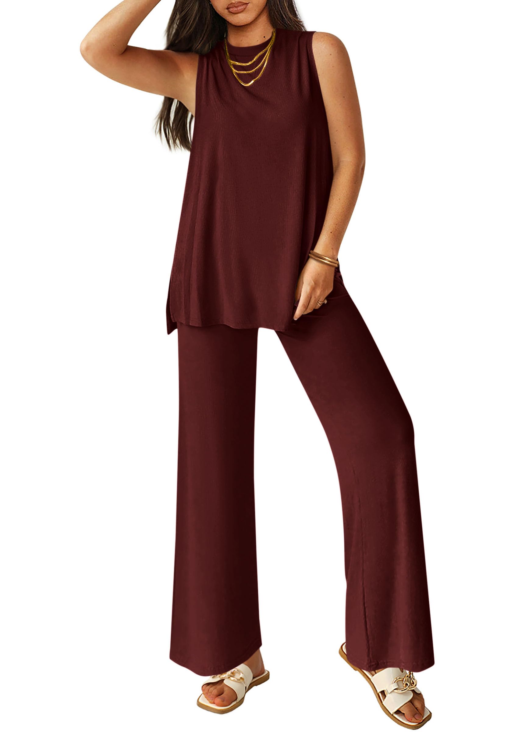 Photo 1 of ***TOP MISSING***PRETTYGARDEN Women's 2 Piece Lounge Set 2025 Summer Casual Loose Tank Top Wide Leg Pants Matching Travel Outfits Tracksuit (Wine Red,XX-Large)