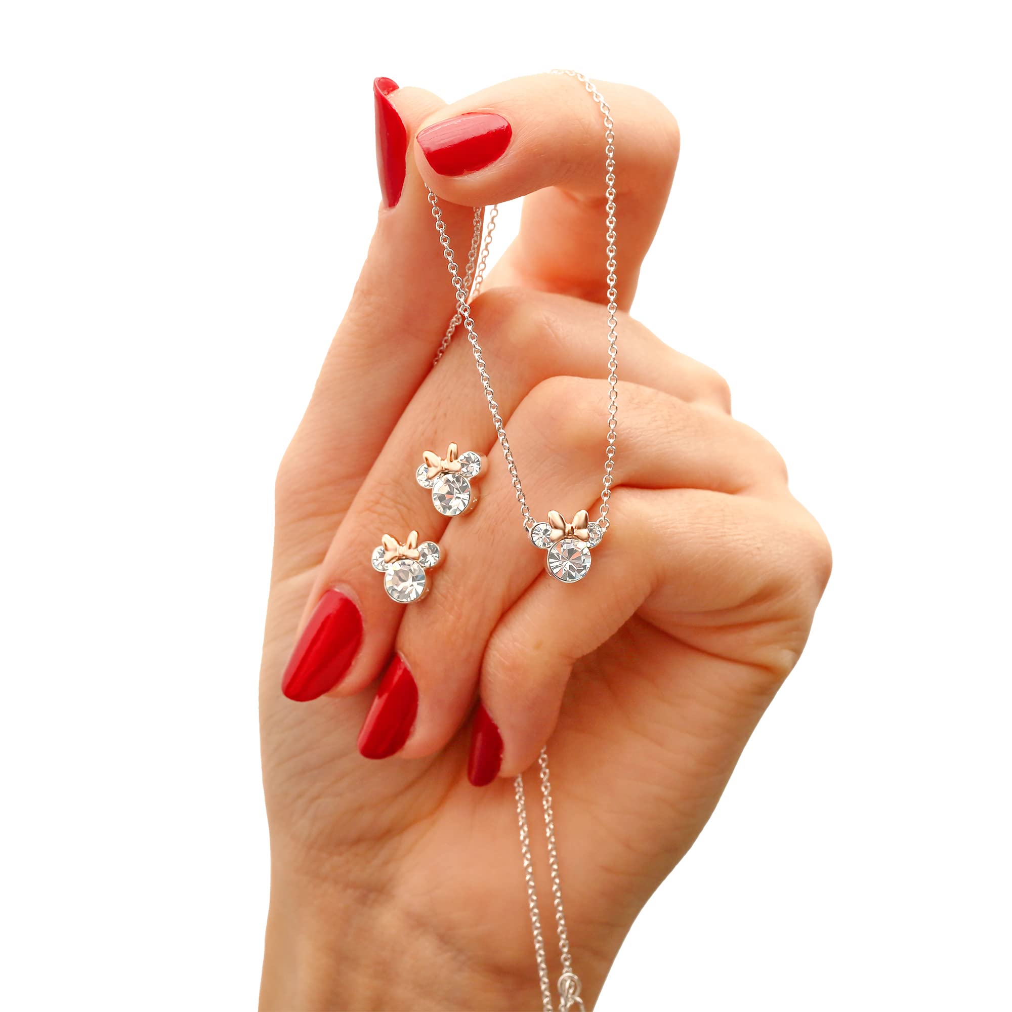 Disney Womens Crystal Minnie Mouse Necklace and Stud Earrings- Silver Plated Minnie Mouse Earrings and Matching Necklace Jewelry
