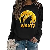 Halloween Black Cat Sweatshirt Women Funny Cat What Shirt Fall Horror Sweaters Long Sleeve Crew Neck Pullover Tops