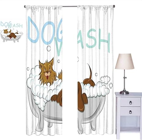 Amazon Co Jp Martindecor 子供部屋用遮光カーテン お風呂に入った遊び心のある犬 かわいいペットがテーマのイラストライトカーテン ホワイト ブラウン ブルー W72 X L96 ホーム キッチン