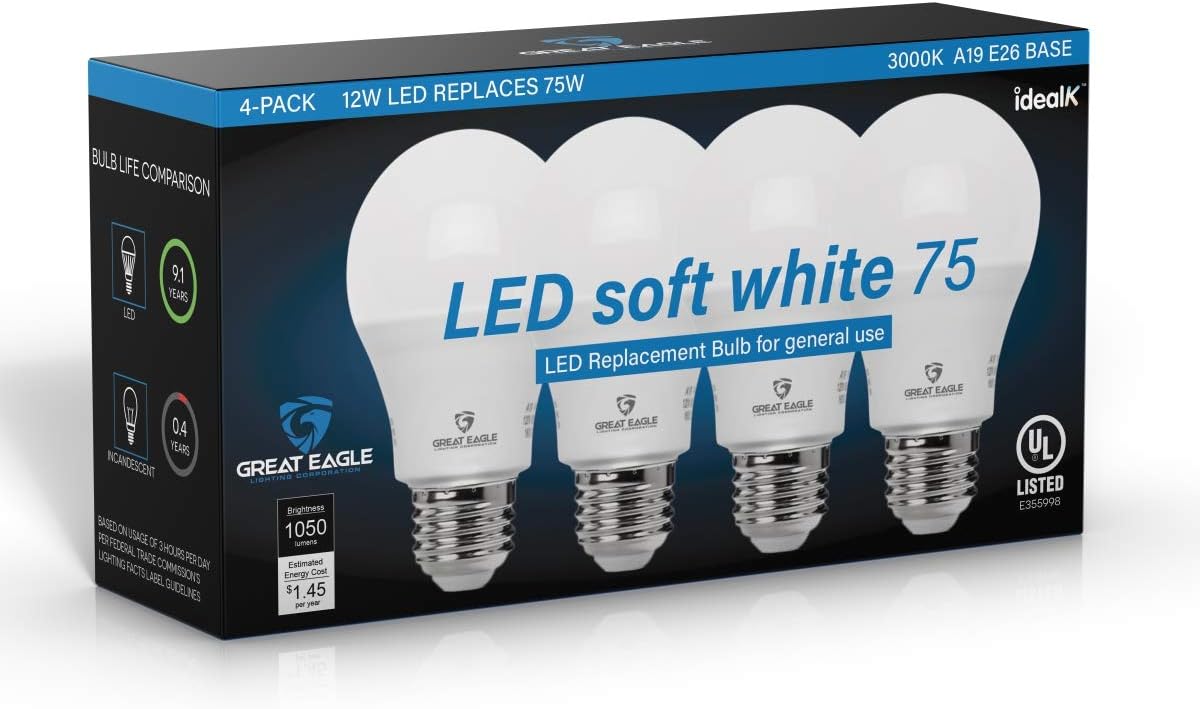 Great Eagle A19 LED Light Bulb, 12W (75W Equivalent), UL Listed, 3000K (Soft White), 1050 Lumens, Non-dimmable, Standard Replacement (4 Pack) - - 