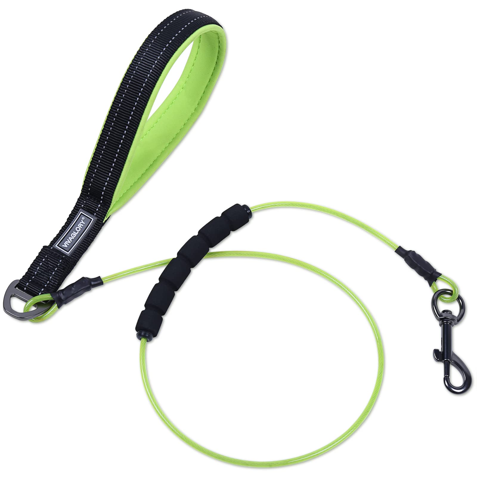 VIVAGLORY Chew Proof Dog Lead Toughbite Anti Chew Dog Lead, Leash with Traffic Handle & Double Handle for Training & Walking, Non Chewable Metal Chain Waterproof for Pet Puppy, 120cm, Green
