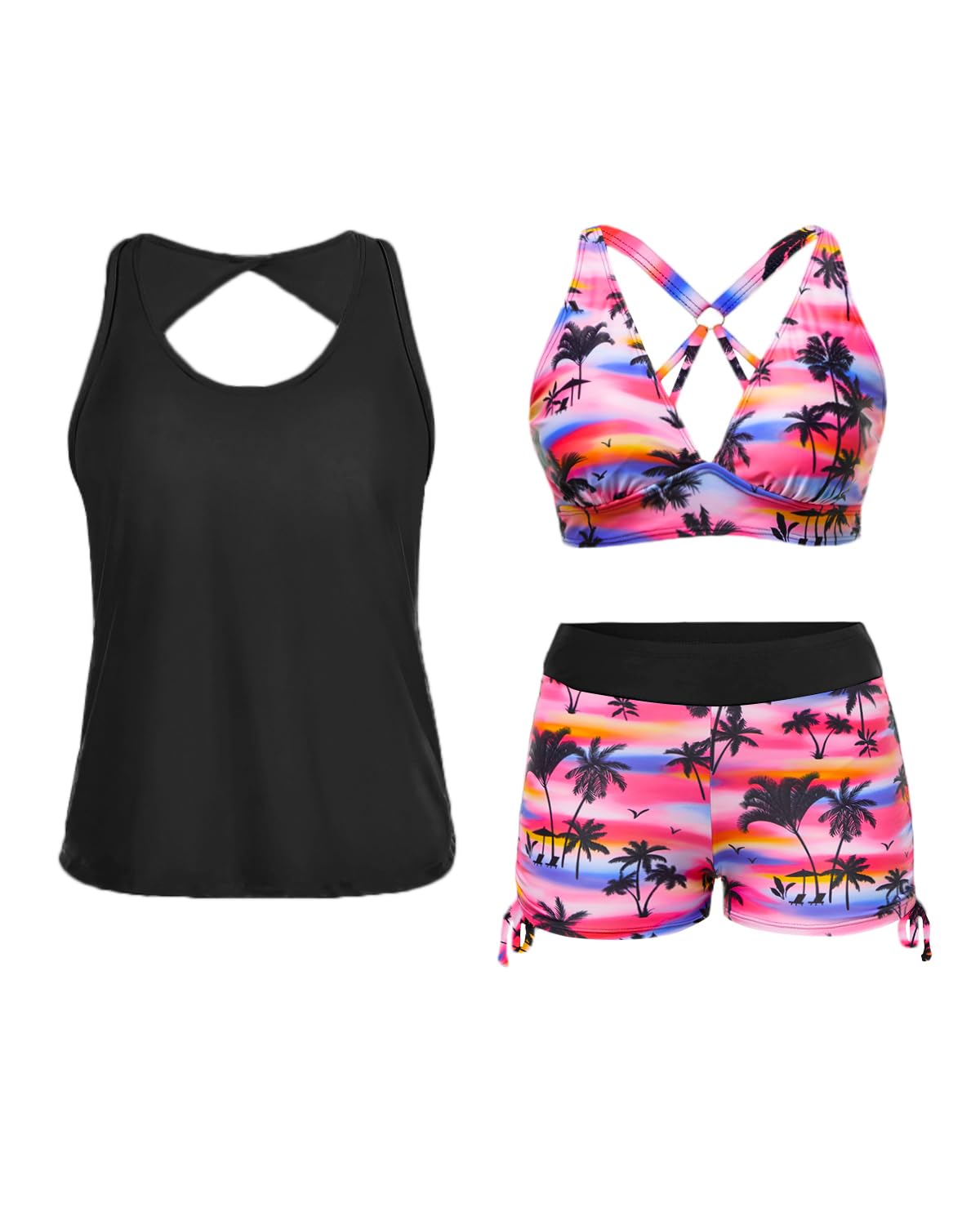 Photo 1 of Yonique 3 Piece Tankini Swimsuits for Women Swim Tank Top Bathing Suits with Boy Shorts and Bra Athletic Swimwear Pink Tree XL