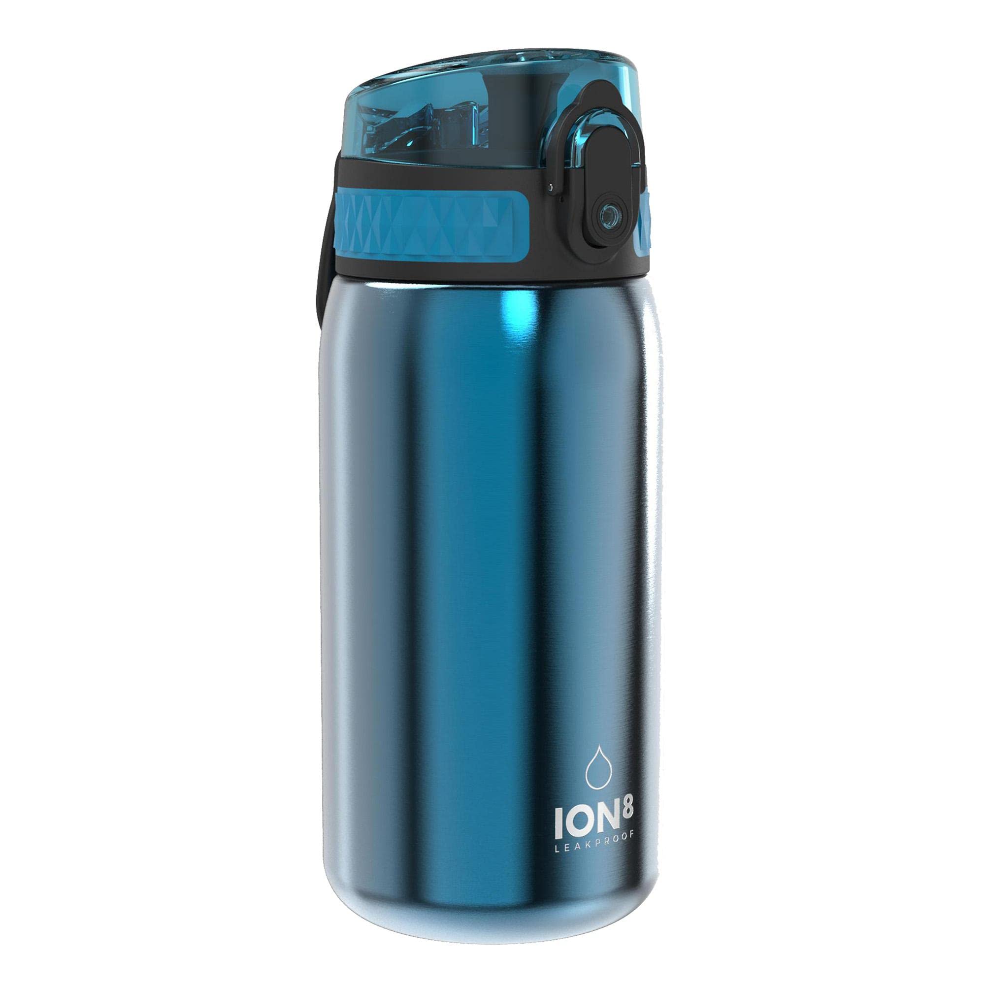 ION8 Lightweight Steel Kids Water Bottle, 400ml/13oz, Non-Insulated, Leak Proof, Easy to Open, Secure Lock, Dishwasher Safe, Fits Cup Holders, Carry Handle, Metal Water Bottle, Metallic Blue