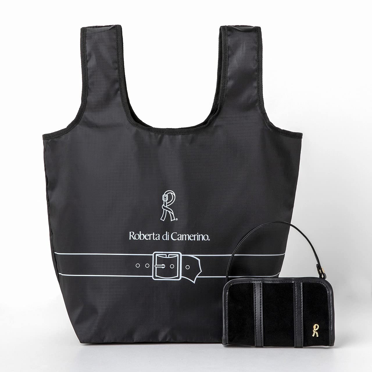 ROBERTA DI CAMERINO SHOPPING BAG & POUCH BOOK BLACK ver. ：6/25発売 【ムック本付録】ロベルタ ディ カメリーノ ショッピングバッグ＆ミニバッグ型ポーチ（ブラックver.）