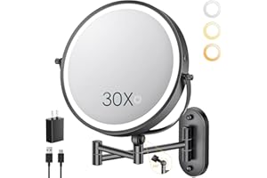 ZLOKLA 9" Wall Mounted Lighted Makeup Mirror,4000mAh Rechargeable Double Sided 1X/30X Magnifying Mirror with Light,Touch Dimmable,Extended Arm 360 Rotation Wall Mounted Makeup Mirror 3 Color Lights