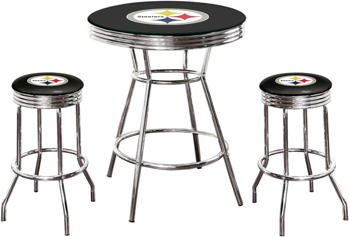 Black Pub Bar Table With A Glass Table Top And 2 29 Swivel Stools All Featuring Your Favorite Football Team Logo Steelers On Black Amazonca Home Kitchen