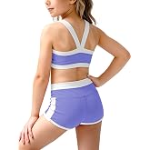 Haloumoning Girls 2 Piece Workout Outfits Athletic Dance Set 5-14Y | Color Block Bra, Elastic High Waist Shorts, Breathable Stretch Fabric, Removable Pads, Yoga, Dance, Gymnastics, Volleyball