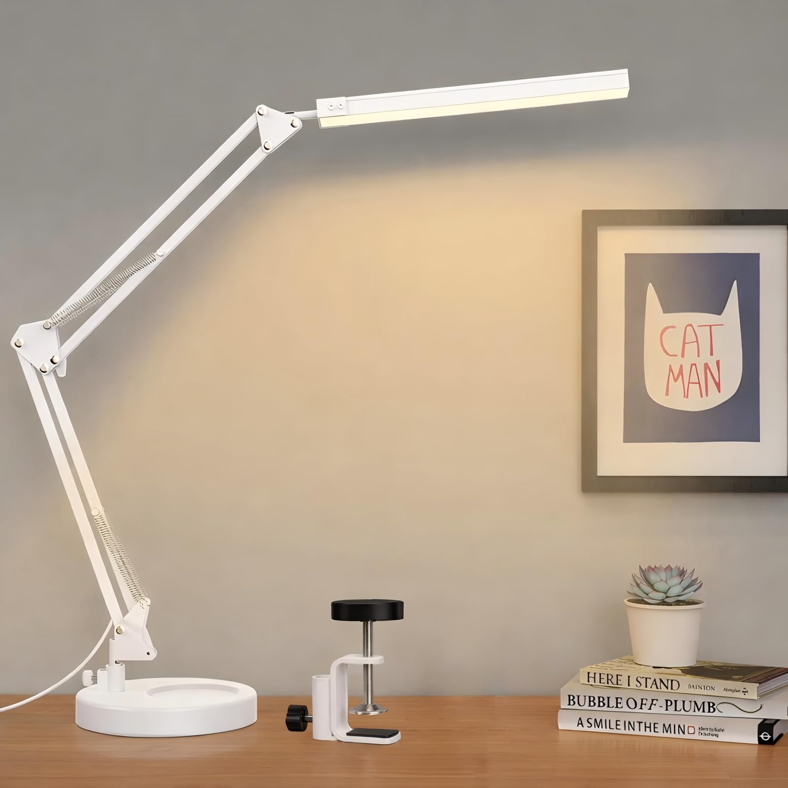 SKYLEO LED Desk Lamp with Clip and Base - Eye Protection Desk Lamps for Study - Swing Arm USB Desk Lamp Office - 3 Light Modes x 10 Brightness Levels - 5V/2A Adapter - White