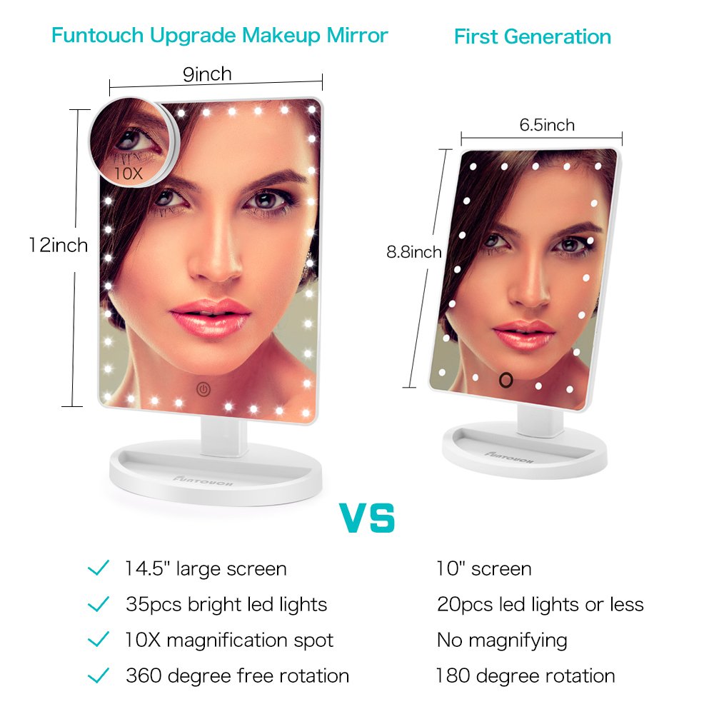 Large Lighted Vanity Makeup Mirror (X-Large Model), Funtouch Light Up Mirror with 35 LED Lights, Touch Screen and 10X Magnification Mirror, 360° Rotation Tabletop Cosmetic Mirror (White) : Beauty