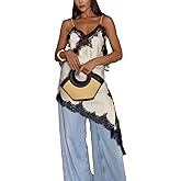 Women Lace Trim Satin High Low Tops Silk Spaghetti Strap Asymmetrical Side Split Cami Top Flowy Silky Layering Tops