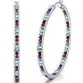 weinuo 2 Inch Stunning Stainless Steel Multi-colors Cubic Zirconia Hoop Earring for Women Hypoallergenic Jewelry for Sensitive Ears Large Big Hoop Earrings 50MM