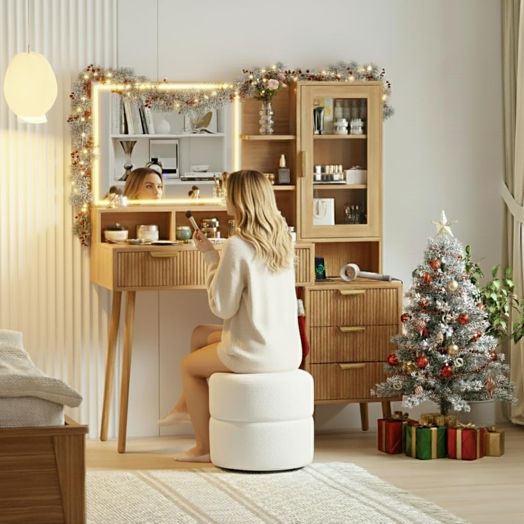 Photo 1 of ***DAMAGED***
JoanKaren Fluted Vanity Desk with LED Lights Mirror & Power Outlet,Modern Glass Top Elegant Vanity Desk with 5 Drawers and Storage Shelf,Dressing Table for Bedroom Girls Women