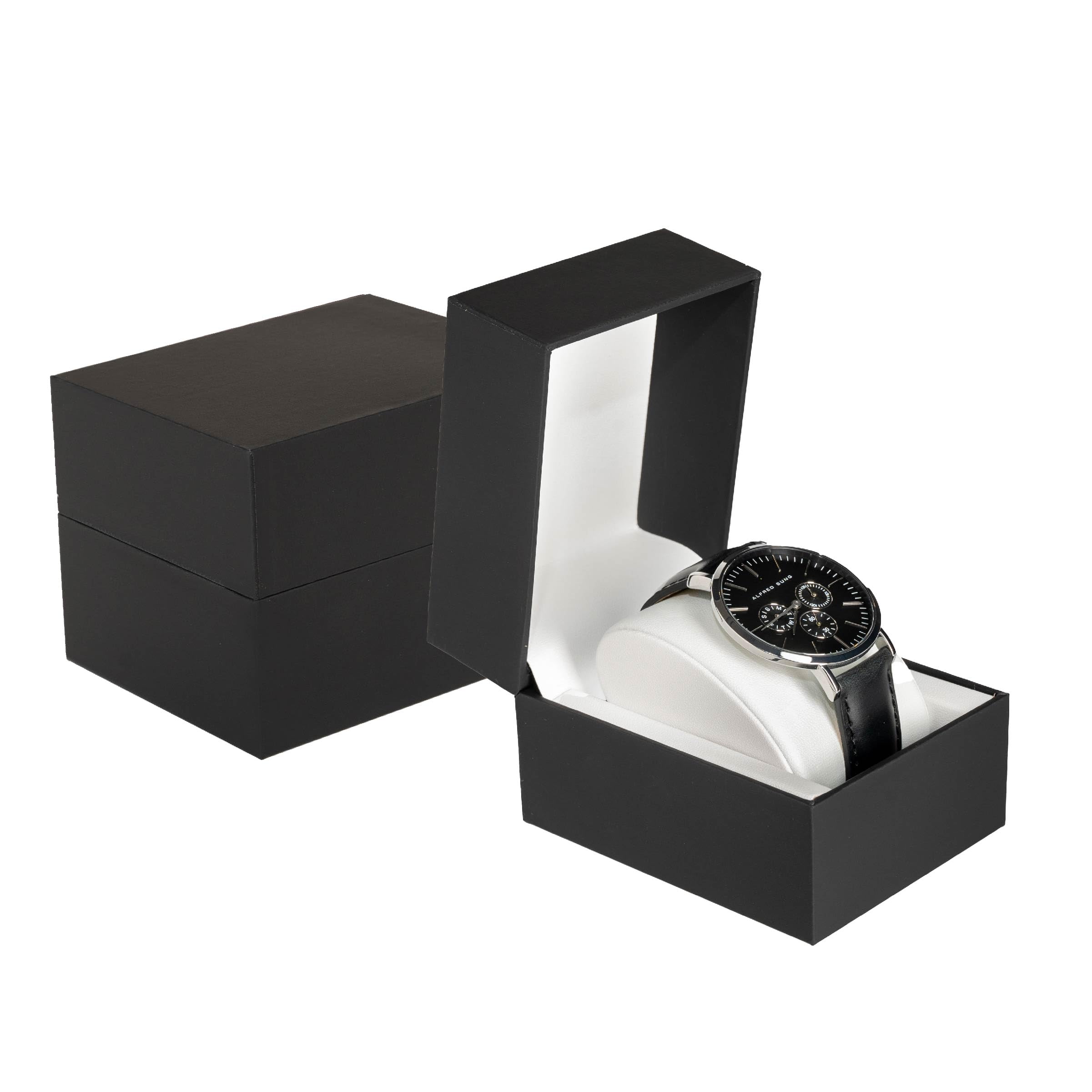 Prestige & Fancy Premium Black Watch Gift Box with Pillow – Single Watch case Storage Box PU Wristwatch Display Case Organizer for men and women for Christmas, Birthdays, Anniversary (Black)