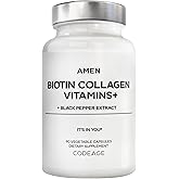 Amen Biotin Collagen Vitamins+ 10,000 mcg Biotin Supplement - Hydrolyzed Collagen, Vitamins C & E, Folate, Hyaluronic Acid, Keratin, MSM, Saw Palmetto - 3-Month Supply - Non-GMO - 90 Capsules