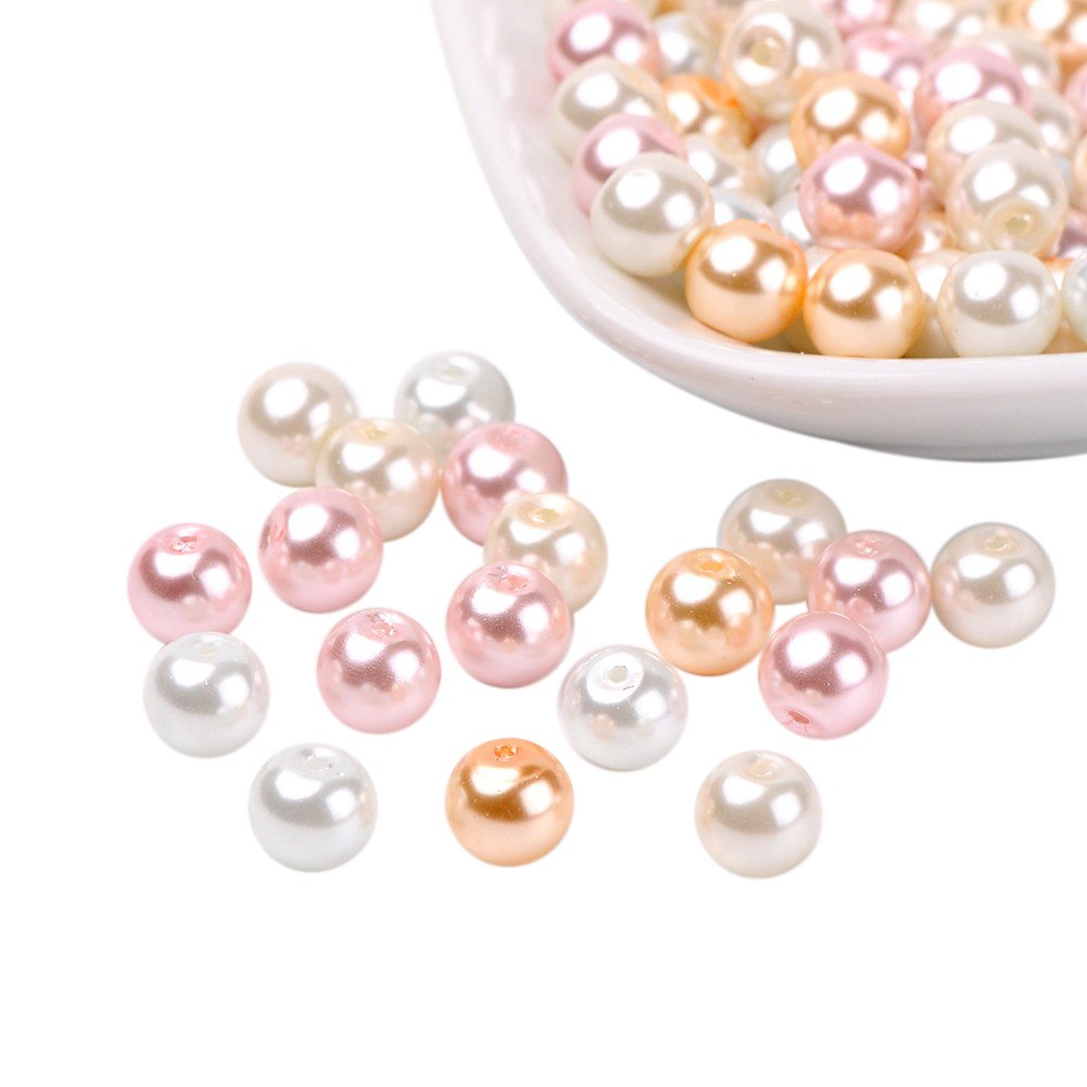 PH PandaHall 100pcs 8mm Glass Pearl Beads, Sew on Pearls Round Pearlized Loose Pearl Beads Imitation Pearls for Vases Bracelet Earring Necklace Jewellery Making Wedding DIY Craft, Champagne