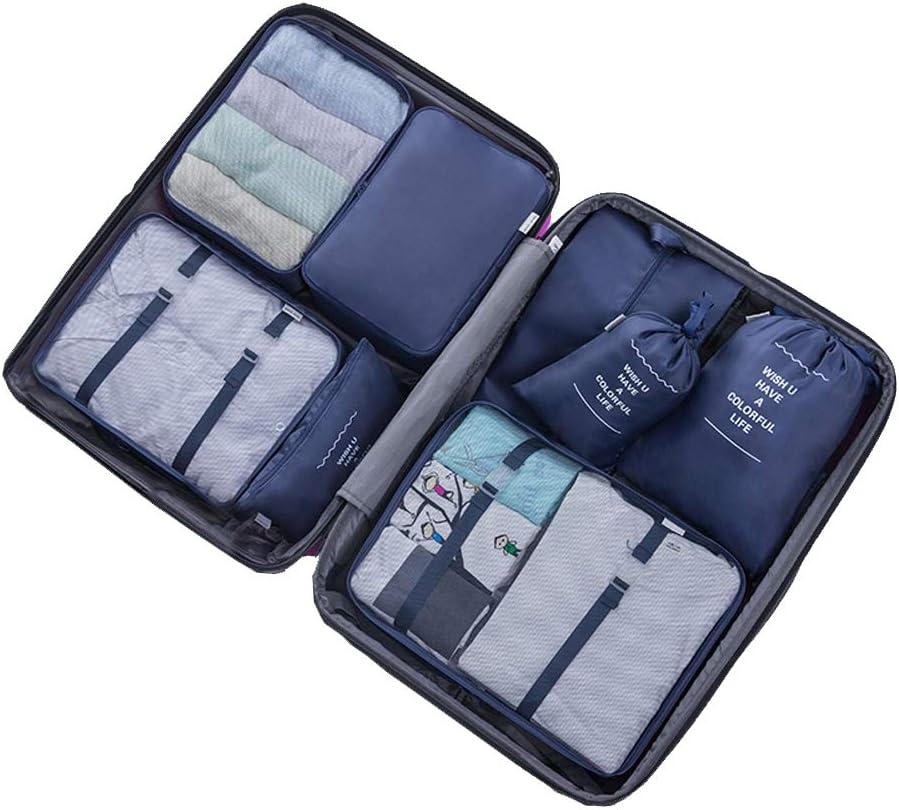 Kuzkauf Packing Cubes Set 8 pcs Travel Luggage Compression Suitcase Cubes Storage Pouches Laundry Organiser Bags Packing Squares Pods STLYE03-Navy