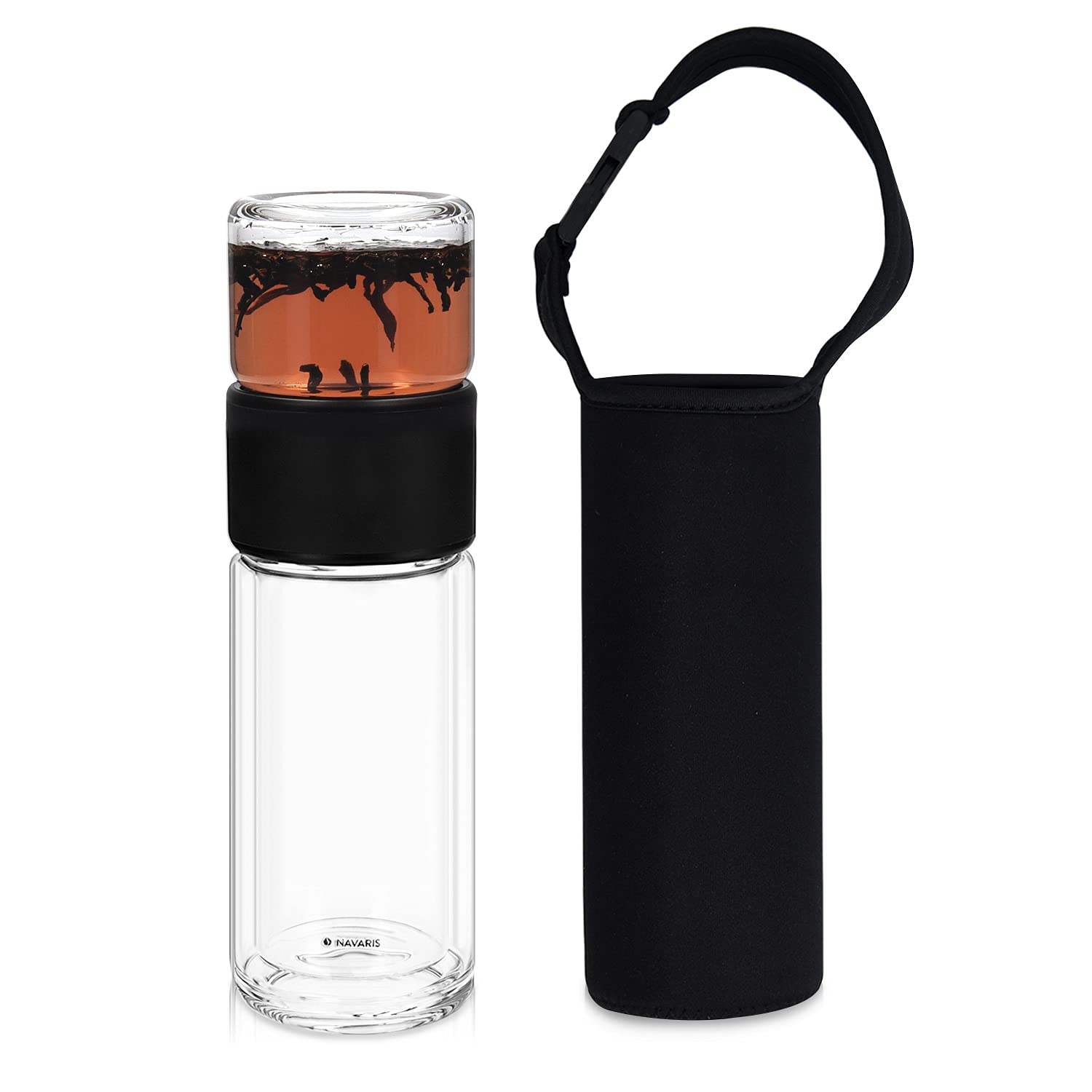 Navaris Glass Tea Bottle - 240ml Borosilicate Glass Tea Infuser with Stainless Steel Strainer, Non-Slip Sleeve, Black