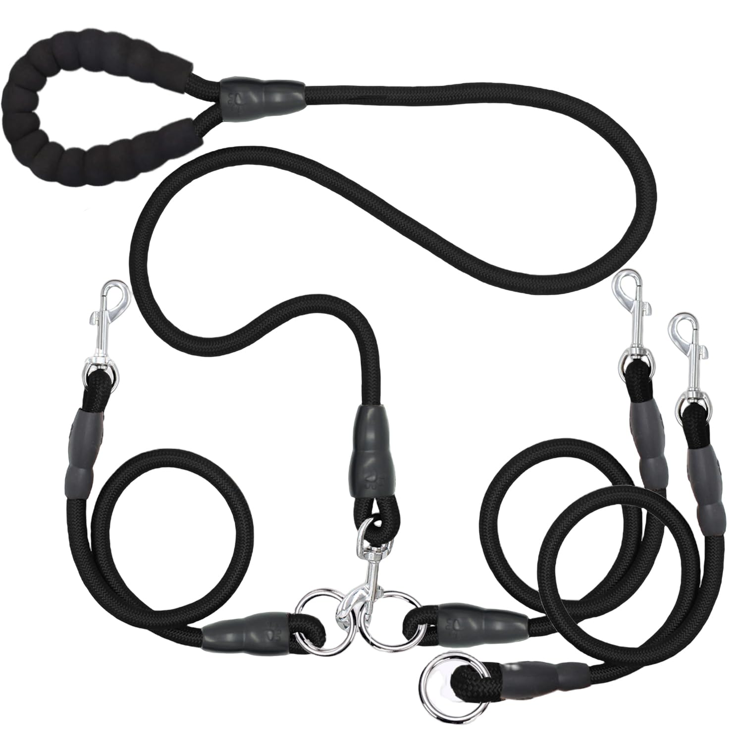 Heavy Duty 3 Way Dog Leash - No Tangle Multiple Detachable 360° Swivel With Soft Padded Handle for Walking and Training Two/Three Dogs