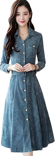 Amazon Gergeousワンピース 長袖 レディース スリム ロングワンピース フロントボタン ベルト付き きれいめ フレアワンピース 着痩せ エレガント Aライン 上品 フォーマル 通勤 秋 ワンピース チュニック 通販