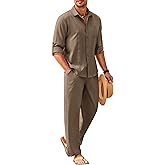 COOFANDY Mens Linen Sets 2 Piece Long Sleeve Button Down Cuban Shirt and Pants Set Summer Beach Set Outfits