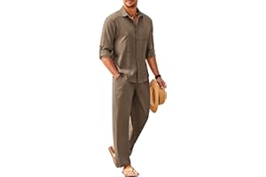 COOFANDY Mens Linen Sets 2 Piece Long Sleeve Button Down Cuban Shirt and Pants Set Summer Beach Set Outfits