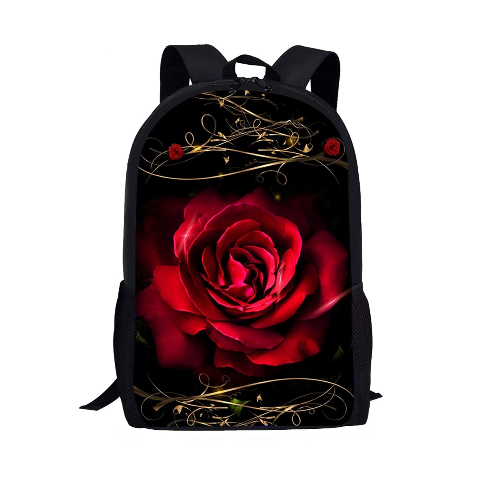 Showudesigns Red Rose Backpack Bookbag for Teenage Boys Elementary School Bags Big Capacity Travel Accessories Daypack Satchel Black
