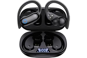 GNMN Bluetooth Headphones Wireless Earbuds 80hrs Playback IPX7 Waterproof Ear Buds Over-Ear Stereo Bass Earphones with Earhooks Microphone LED Battery Display for Sports/Workout/Gym/Running Black