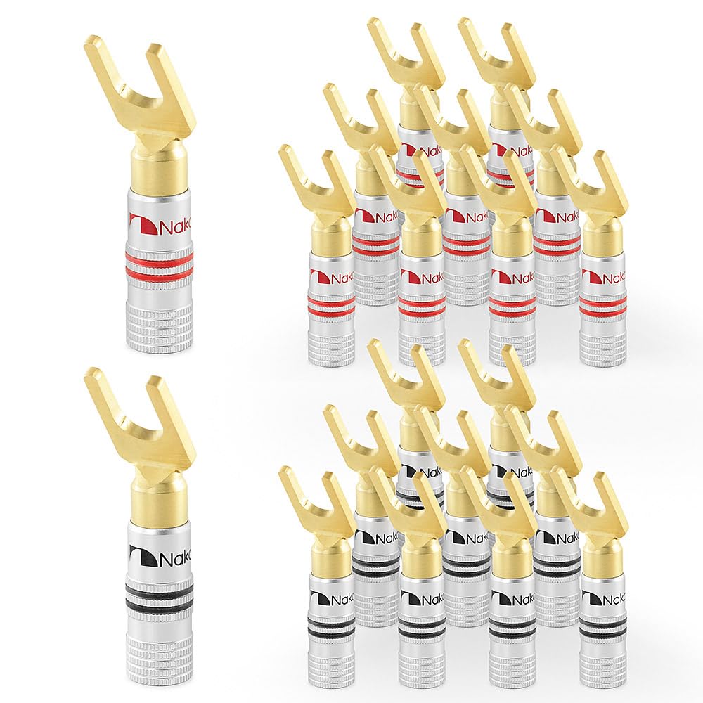 Nakamichi Excel Series 24k Gold Plated Banana Plug 12 AWG - 18 AWG Gauge Size 4mm for Speakers Amplifier Hi-Fi AV Stereo Home Theatre Audio Wire Cable Screw 20 Pcs (10-Pairs), Spade Connector