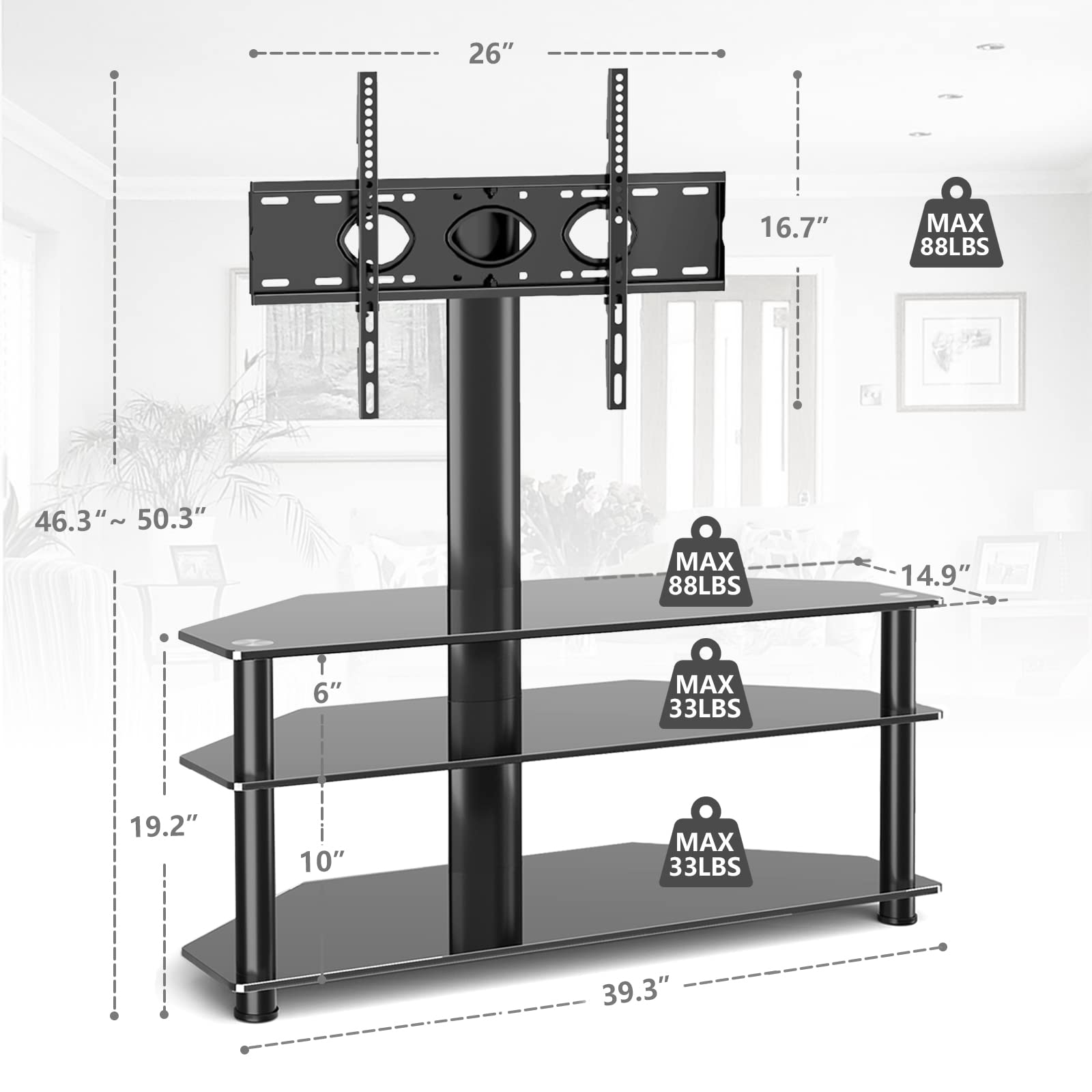 TAVR Furniture Swivel Floor TV Stand with Table for 32-70 Inch TVs, Universal Height Adjustable TV Floor Stand with Large Storage Shelves, Strong Corner TV Stand Mount Holds up to 88lbs, Black