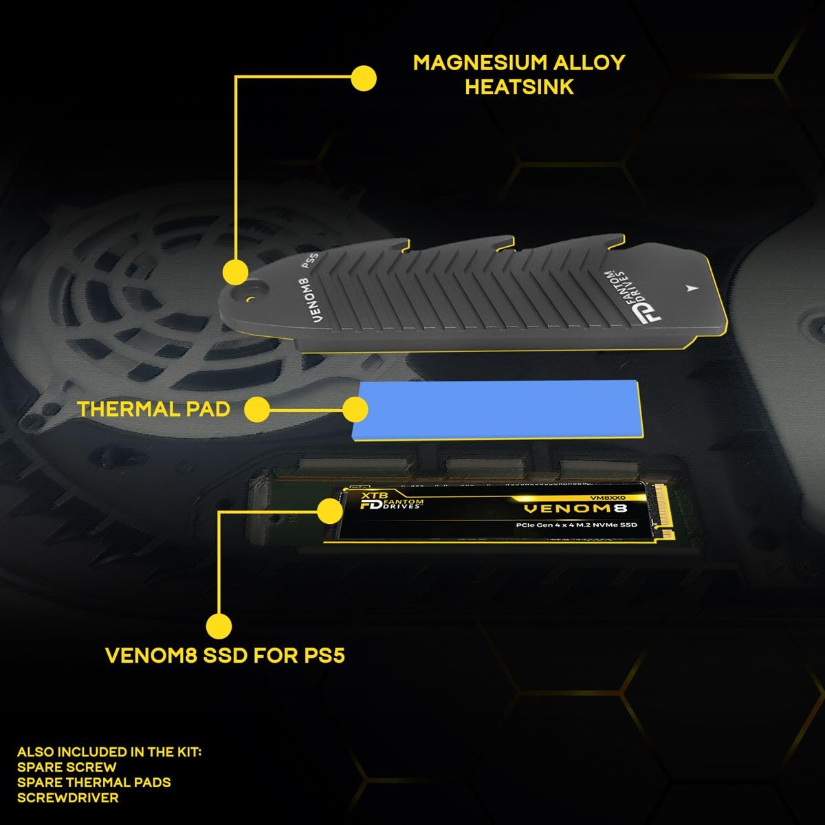 Fantom Drives - VENOM8 2TB NVMe Gen 4 M.2 Internal SSD - PS5 Memory Upgrade 3D NAND TLC – DDR4 DRAM Cache - 7400MB/s Solid State Drive w/ Heatsink (VM8X20-PS5)