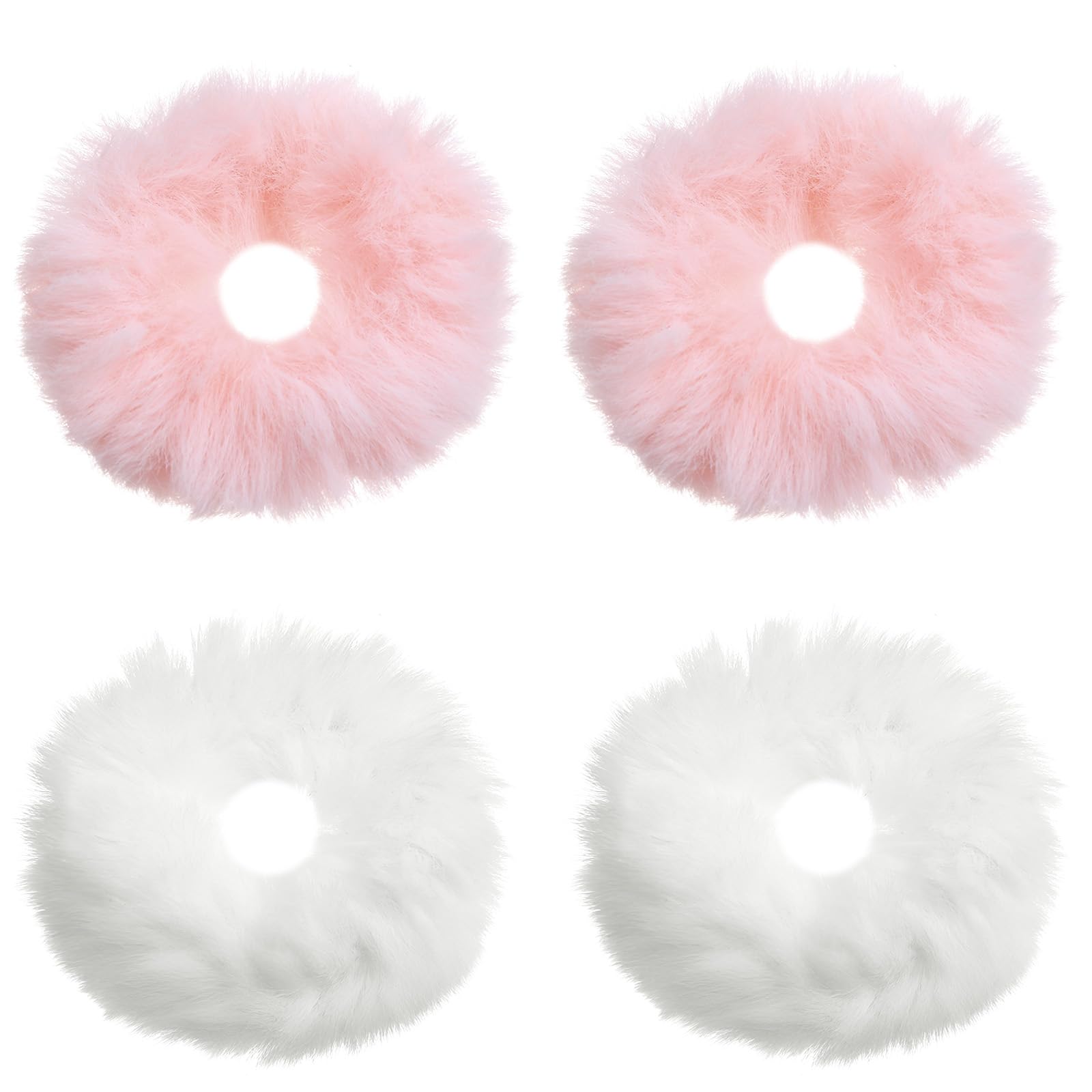 Photo 1 of 4PCS Furling Scrunchies, Furry Faux Rabbit Fur Hair Scrunchies for Girls Women, Artificial Fur Bobbles, Elastic Band Satin Scrunchie, Headbands for Women, Pink Pom Poms Cute Hair Ties