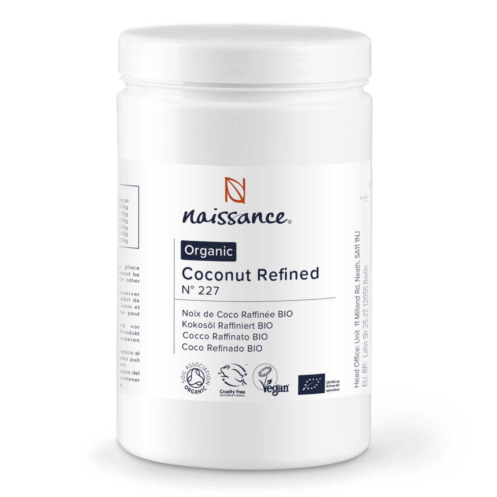 Naissance Organic Refined Coconut (Solid) Oil (#227) 1kg - Pure, Natural, Certified Organic, Cruelty Free, Vegan - Moisturising & Hydrating - Ideal for Aromatherapy, Skincare, Haircare & DIY Beauty