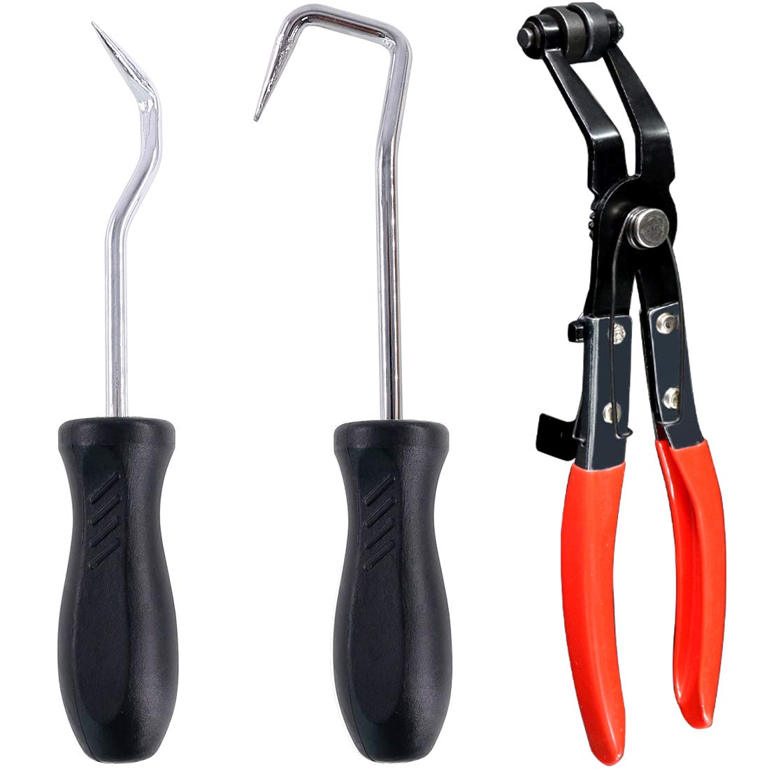 Swpeet 3 x Hose Clamp Plier Set, Including 2 x Hose Removal Hook Set with 45° Flat Band Hose Clamp Plier Angled Swivel Jaw Locking Car Water Pipe Perfect for Hose Installations of Low Radiators